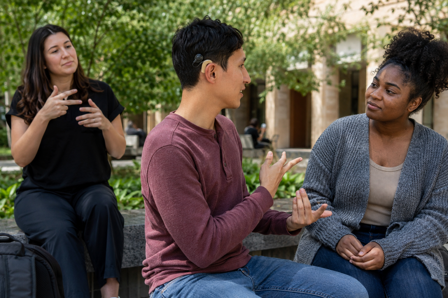 A Deaf young adult wearing a hearing aid signing with a peer in a community setting