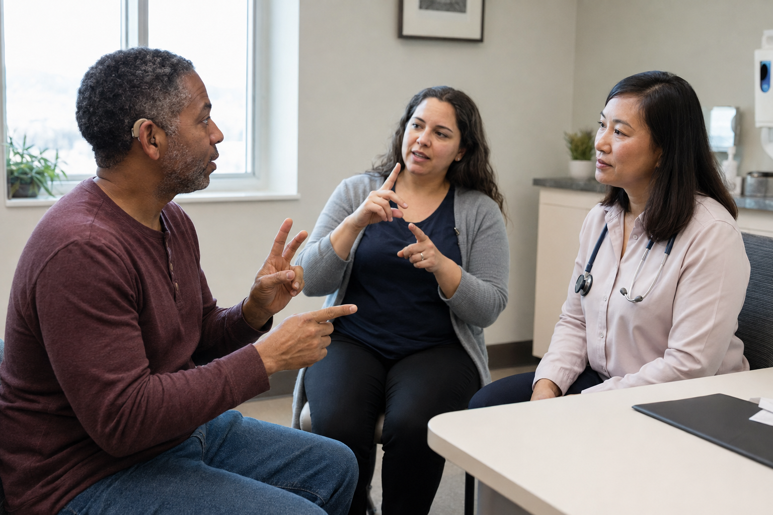 A Deaf adult wearing a hearing aid communicating through an ASL interpreter during a healthcare appointment