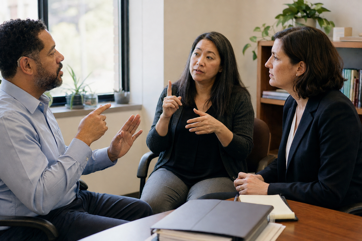 A Deaf adult wearing a hearing aid signing during a professional meeting with an ASL interpreter