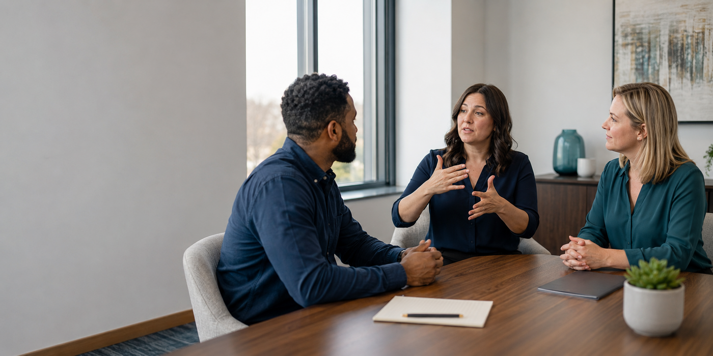 An American Sign Language interpreter facilitating communication between a Deaf person and a hearing person